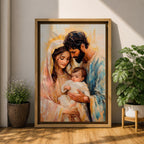 Devotional illustration of the Holy Family showing Jesus with Mary and Joseph gathered closely together in a tender composition, portraying the sacred family with gentle expressions and flowing robes, rendered with warm tones and soft shading in a traditional Christian nativity inspired scene centered on faith and family.