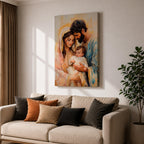 Devotional illustration of the Holy Family showing Jesus with Mary and Joseph gathered closely together in a tender composition, portraying the sacred family with gentle expressions and flowing robes, rendered with warm tones and soft shading in a traditional Christian nativity inspired scene centered on faith and family.