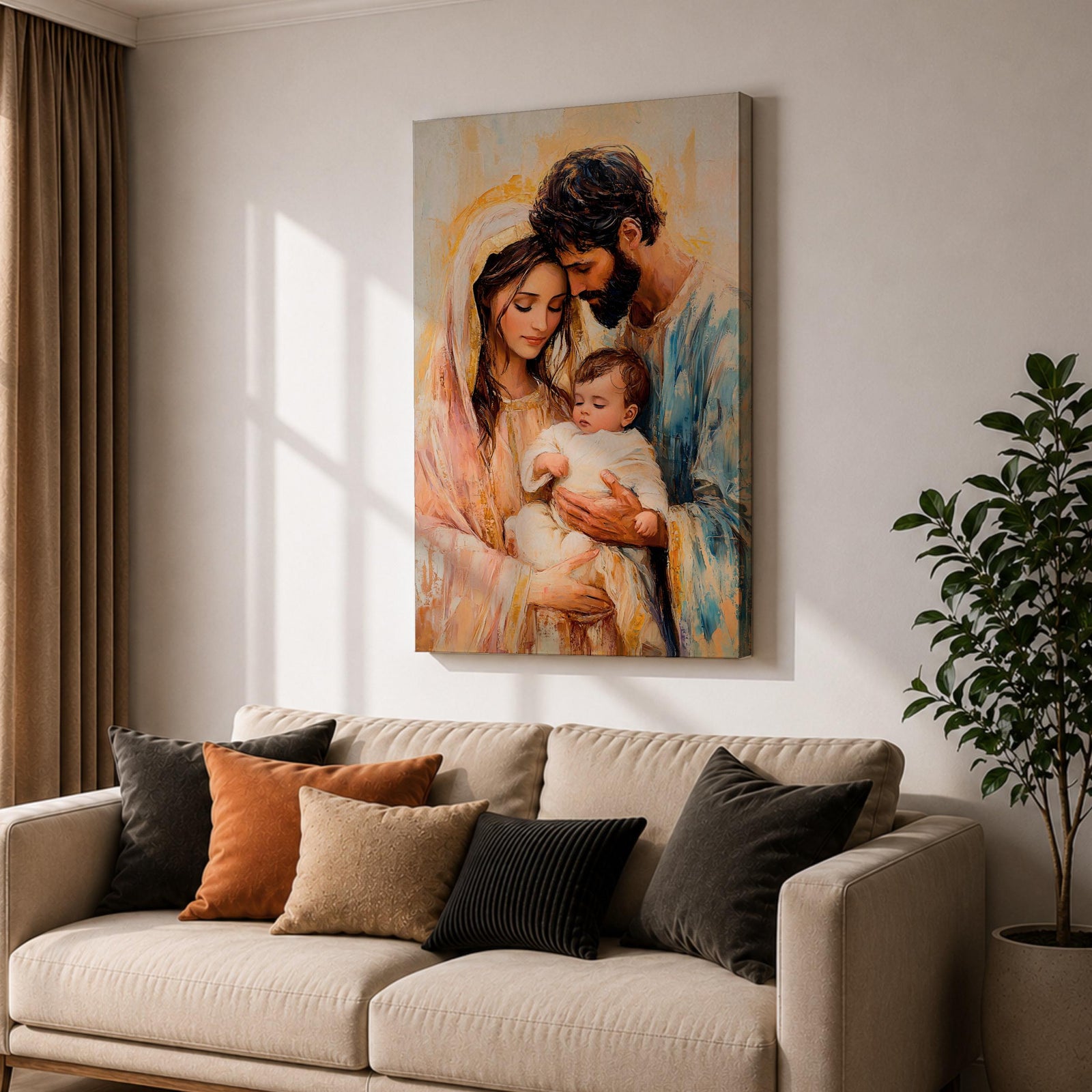Devotional illustration of the Holy Family showing Jesus with Mary and Joseph gathered closely together in a tender composition, portraying the sacred family with gentle expressions and flowing robes, rendered with warm tones and soft shading in a traditional Christian nativity inspired scene centered on faith and family.