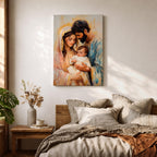 Devotional illustration of the Holy Family showing Jesus with Mary and Joseph gathered closely together in a tender composition, portraying the sacred family with gentle expressions and flowing robes, rendered with warm tones and soft shading in a traditional Christian nativity inspired scene centered on faith and family.