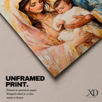 Devotional illustration of the Holy Family showing Jesus with Mary and Joseph gathered closely together in a tender composition, portraying the sacred family with gentle expressions and flowing robes, rendered with warm tones and soft shading in a traditional Christian nativity inspired scene centered on faith and family.