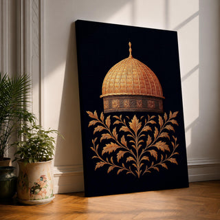 Al-Aqsa wall art featuring the golden Dome of the Rock in Jerusalem with elegant gold embroidery style patterns on a dark background. Islamic artwork highlighting the sacred mosque architecture displayed as framed canvas decor for Muslim homes.