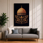 Al-Aqsa wall art featuring the golden Dome of the Rock in Jerusalem with elegant gold embroidery style patterns on a dark background. Islamic artwork highlighting the sacred mosque architecture displayed as framed canvas decor for Muslim homes.