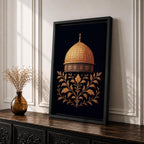 Al-Aqsa wall art featuring the golden Dome of the Rock in Jerusalem with elegant gold embroidery style patterns on a dark background. Islamic artwork highlighting the sacred mosque architecture displayed as framed canvas decor for Muslim homes.