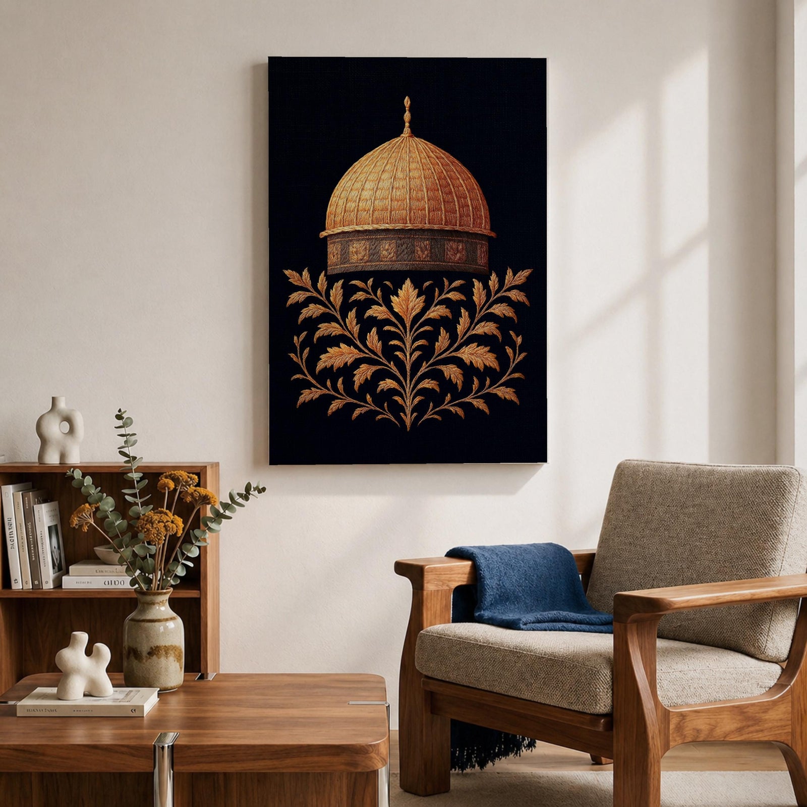 Al-Aqsa wall art featuring the golden Dome of the Rock in Jerusalem with elegant gold embroidery style patterns on a dark background. Islamic artwork highlighting the sacred mosque architecture displayed as framed canvas decor for Muslim homes.