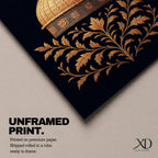 Al-Aqsa wall art featuring the golden Dome of the Rock in Jerusalem with elegant gold embroidery style patterns on a dark background. Islamic artwork highlighting the sacred mosque architecture displayed as framed canvas decor for Muslim homes.