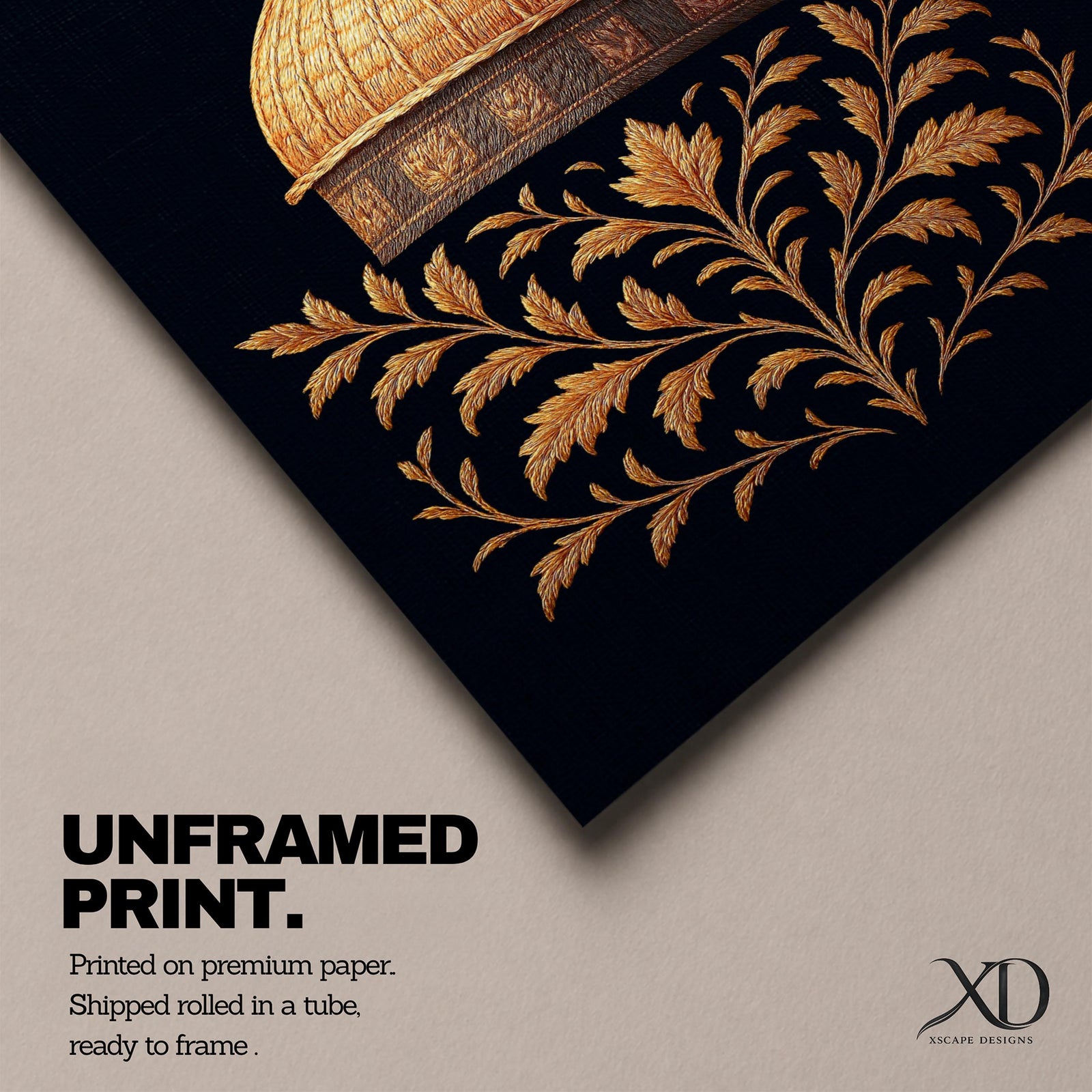 Al-Aqsa wall art featuring the golden Dome of the Rock in Jerusalem with elegant gold embroidery style patterns on a dark background. Islamic artwork highlighting the sacred mosque architecture displayed as framed canvas decor for Muslim homes.