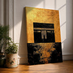 Kaaba wall art featuring the sacred Kaaba at Masjid Al-Haram in Mecca with a rich gold textured background. Islamic artwork highlighting the holy mosque architecture in a modern gold style displayed as framed canvas decor for Muslim homes.