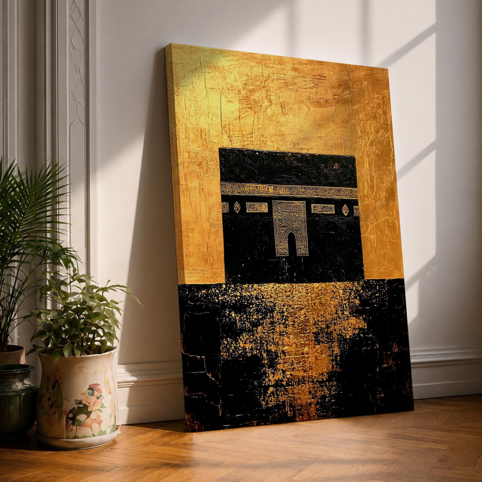 Kaaba wall art featuring the sacred Kaaba at Masjid Al-Haram in Mecca with a rich gold textured background. Islamic artwork highlighting the holy mosque architecture in a modern gold style displayed as framed canvas decor for Muslim homes.