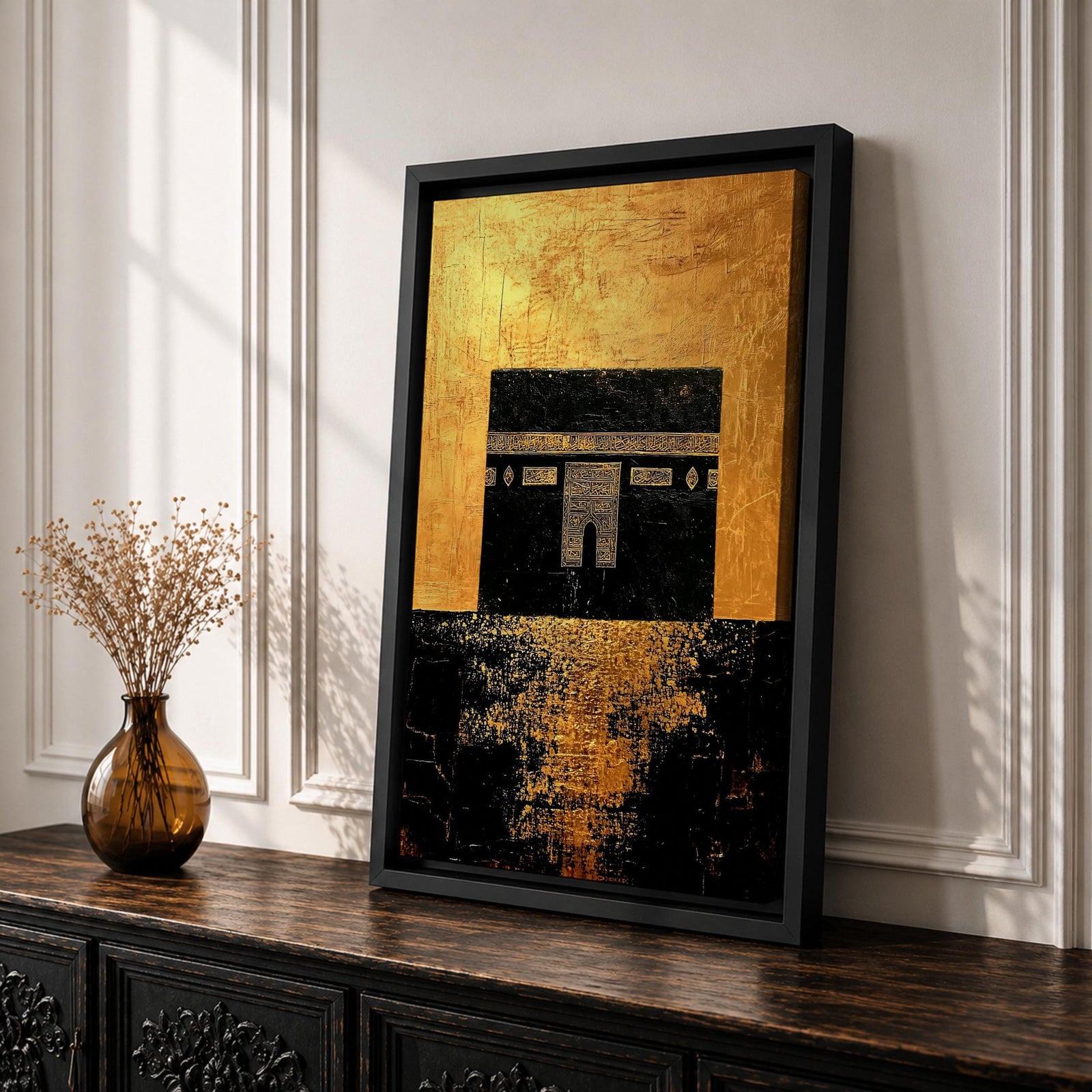 Kaaba wall art featuring the sacred Kaaba at Masjid Al-Haram in Mecca with a rich gold textured background. Islamic artwork highlighting the holy mosque architecture in a modern gold style displayed as framed canvas decor for Muslim homes.