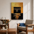 Kaaba wall art featuring the sacred Kaaba at Masjid Al-Haram in Mecca with a rich gold textured background. Islamic artwork highlighting the holy mosque architecture in a modern gold style displayed as framed canvas decor for Muslim homes.