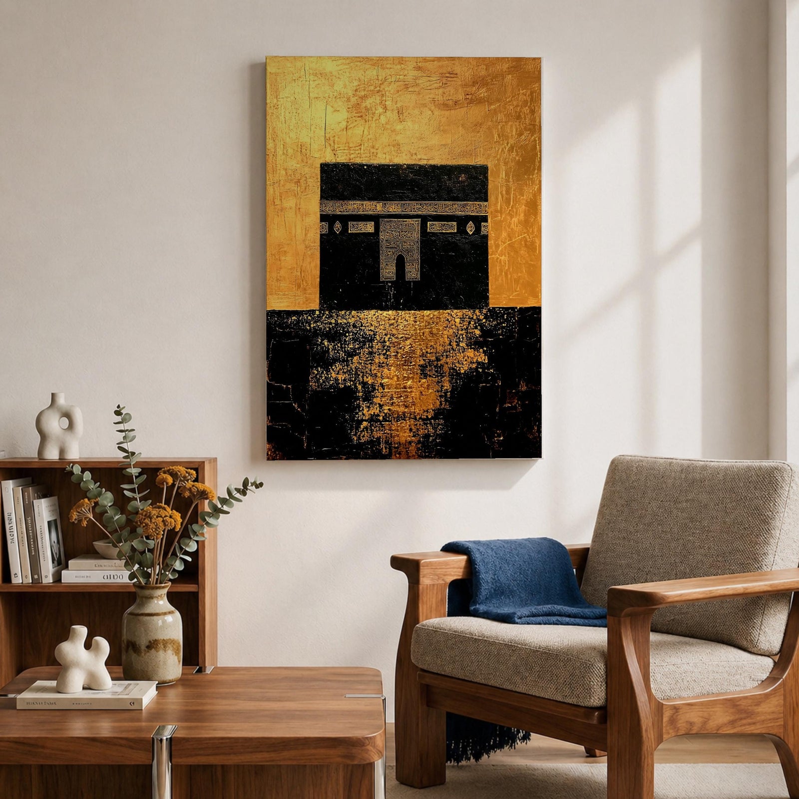 Kaaba wall art featuring the sacred Kaaba at Masjid Al-Haram in Mecca with a rich gold textured background. Islamic artwork highlighting the holy mosque architecture in a modern gold style displayed as framed canvas decor for Muslim homes.