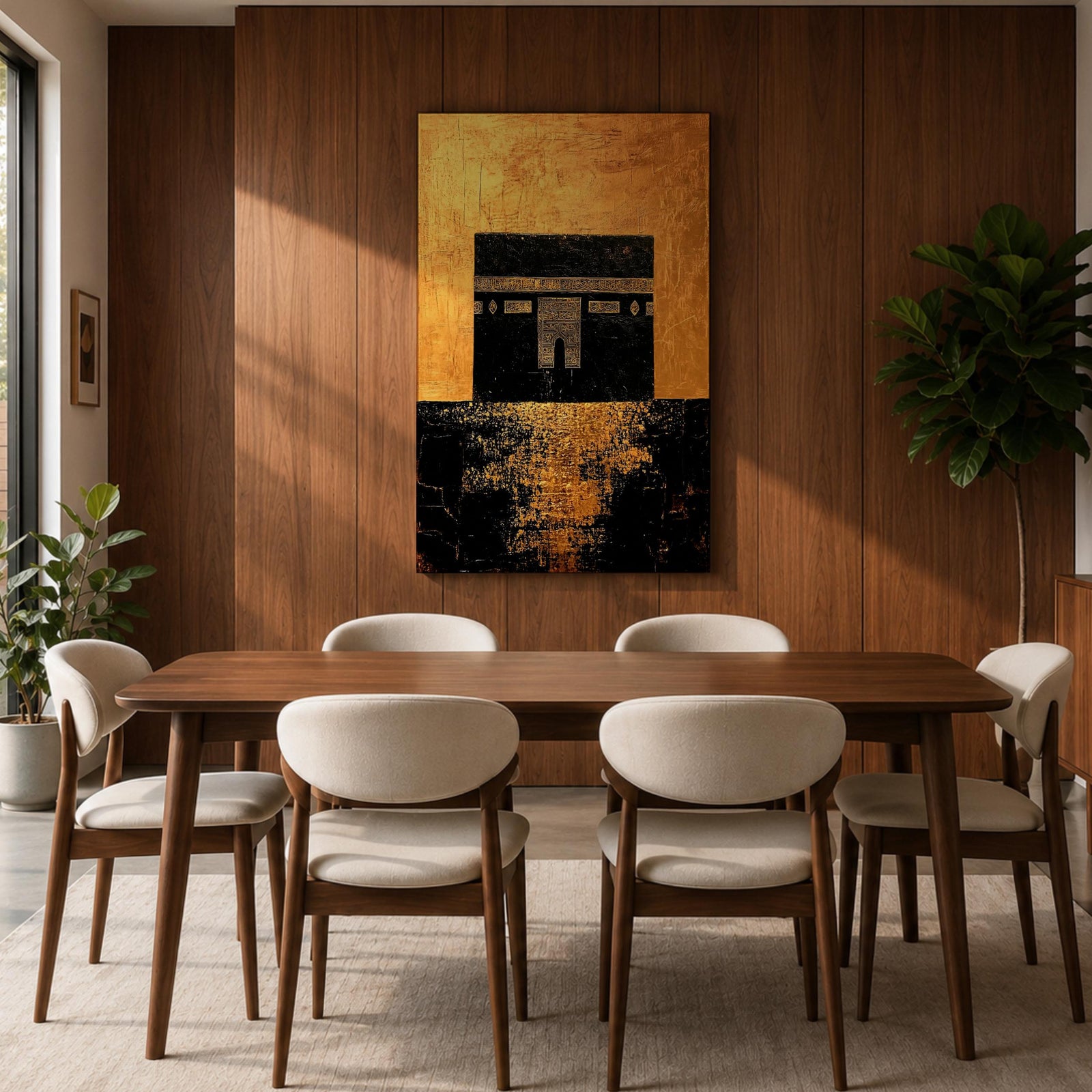 Kaaba wall art featuring the sacred Kaaba at Masjid Al-Haram in Mecca with a rich gold textured background. Islamic artwork highlighting the holy mosque architecture in a modern gold style displayed as framed canvas decor for Muslim homes.