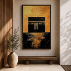 Kaaba wall art featuring the sacred Kaaba at Masjid Al-Haram in Mecca with a rich gold textured background. Islamic artwork highlighting the holy mosque architecture in a modern gold style displayed as framed canvas decor for Muslim homes.