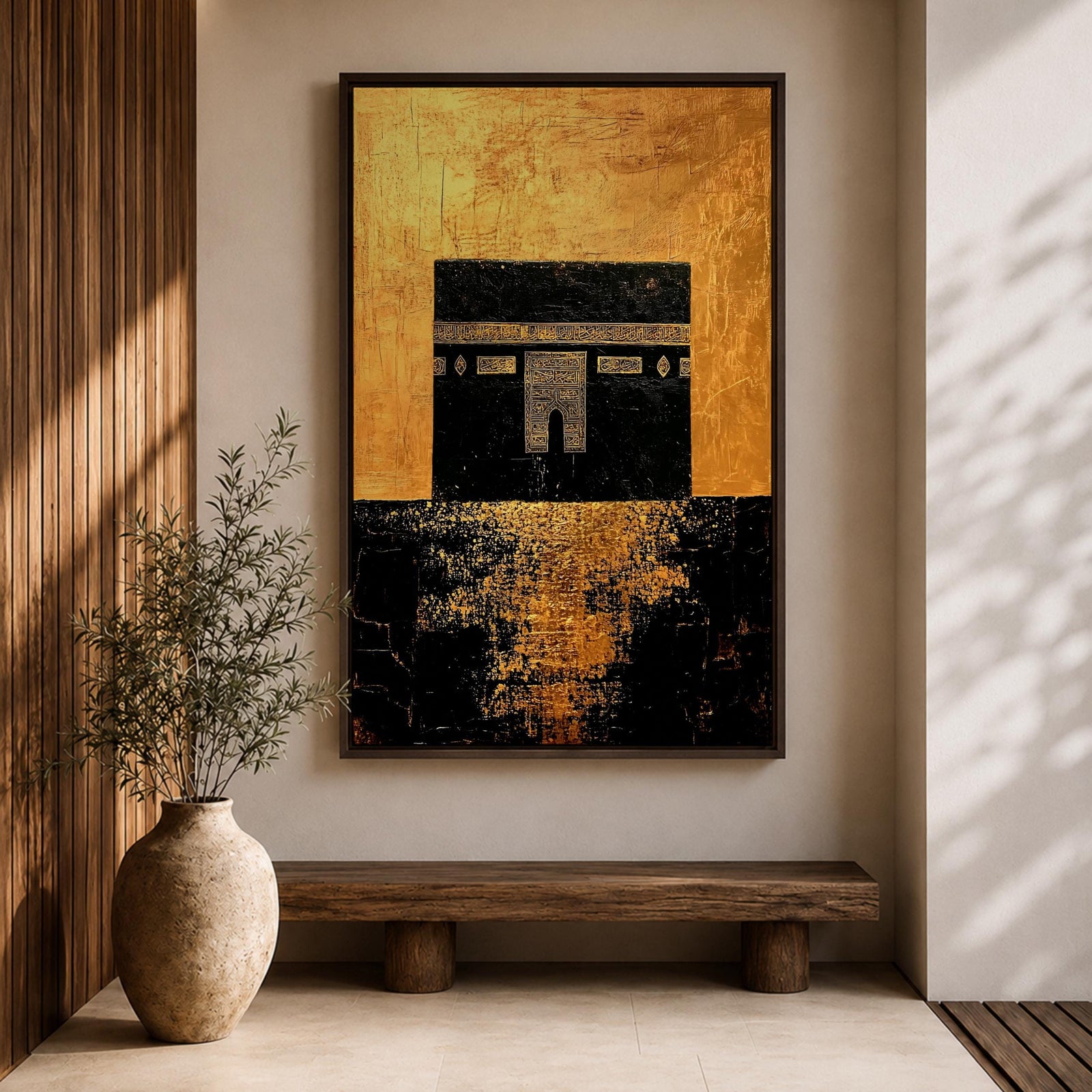Kaaba wall art featuring the sacred Kaaba at Masjid Al-Haram in Mecca with a rich gold textured background. Islamic artwork highlighting the holy mosque architecture in a modern gold style displayed as framed canvas decor for Muslim homes.