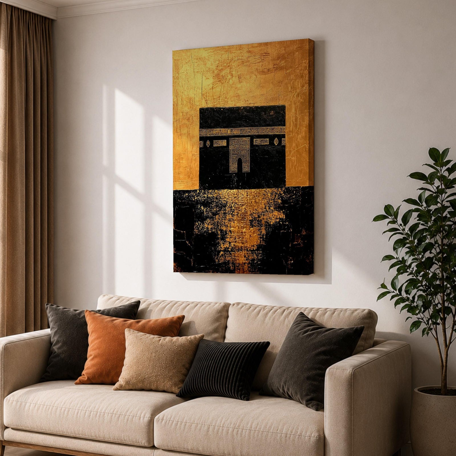 Kaaba wall art featuring the sacred Kaaba at Masjid Al-Haram in Mecca with a rich gold textured background. Islamic artwork highlighting the holy mosque architecture in a modern gold style displayed as framed canvas decor for Muslim homes.