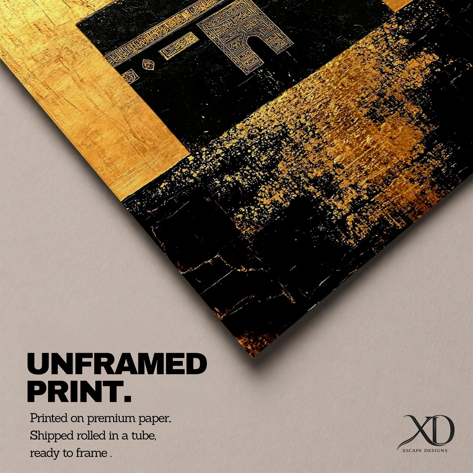 Kaaba wall art featuring the sacred Kaaba at Masjid Al-Haram in Mecca with a rich gold textured background. Islamic artwork highlighting the holy mosque architecture in a modern gold style displayed as framed canvas decor for Muslim homes.