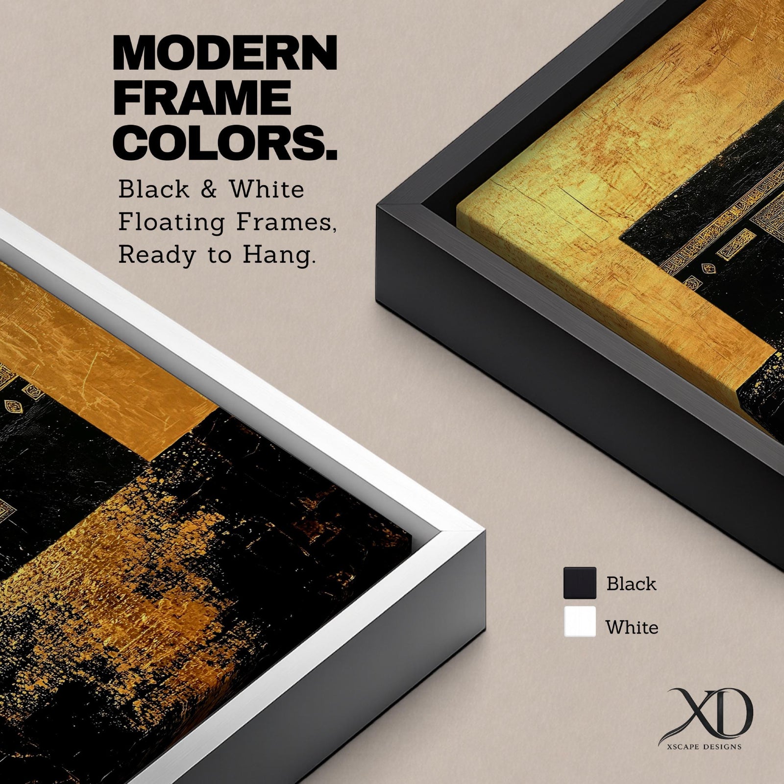 Kaaba wall art featuring the sacred Kaaba at Masjid Al-Haram in Mecca with a rich gold textured background. Islamic artwork highlighting the holy mosque architecture in a modern gold style displayed as framed canvas decor for Muslim homes.