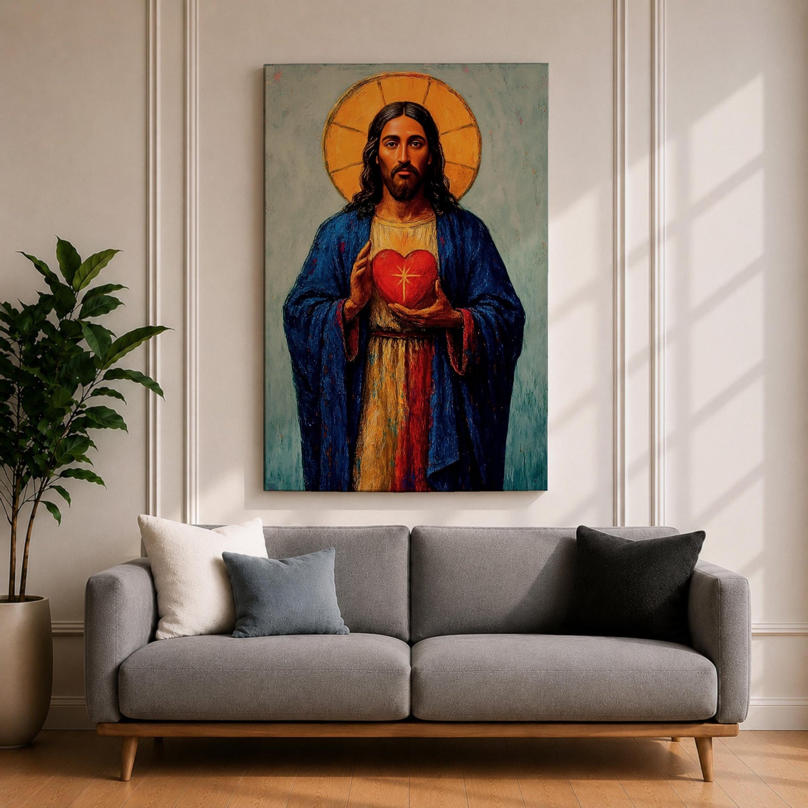 Devotional illustration of Jesus Christ presenting the Most Sacred Heart glowing at the center of his chest, crowned with thorns and radiating light, shown with a calm expression and one hand raised in blessing while the other points toward the heart, rendered with warm tones and soft shading in a traditional Christian devotional composition.