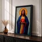 Devotional illustration of Jesus Christ presenting the Most Sacred Heart glowing at the center of his chest, crowned with thorns and radiating light, shown with a calm expression and one hand raised in blessing while the other points toward the heart, rendered with warm tones and soft shading in a traditional Christian devotional composition.