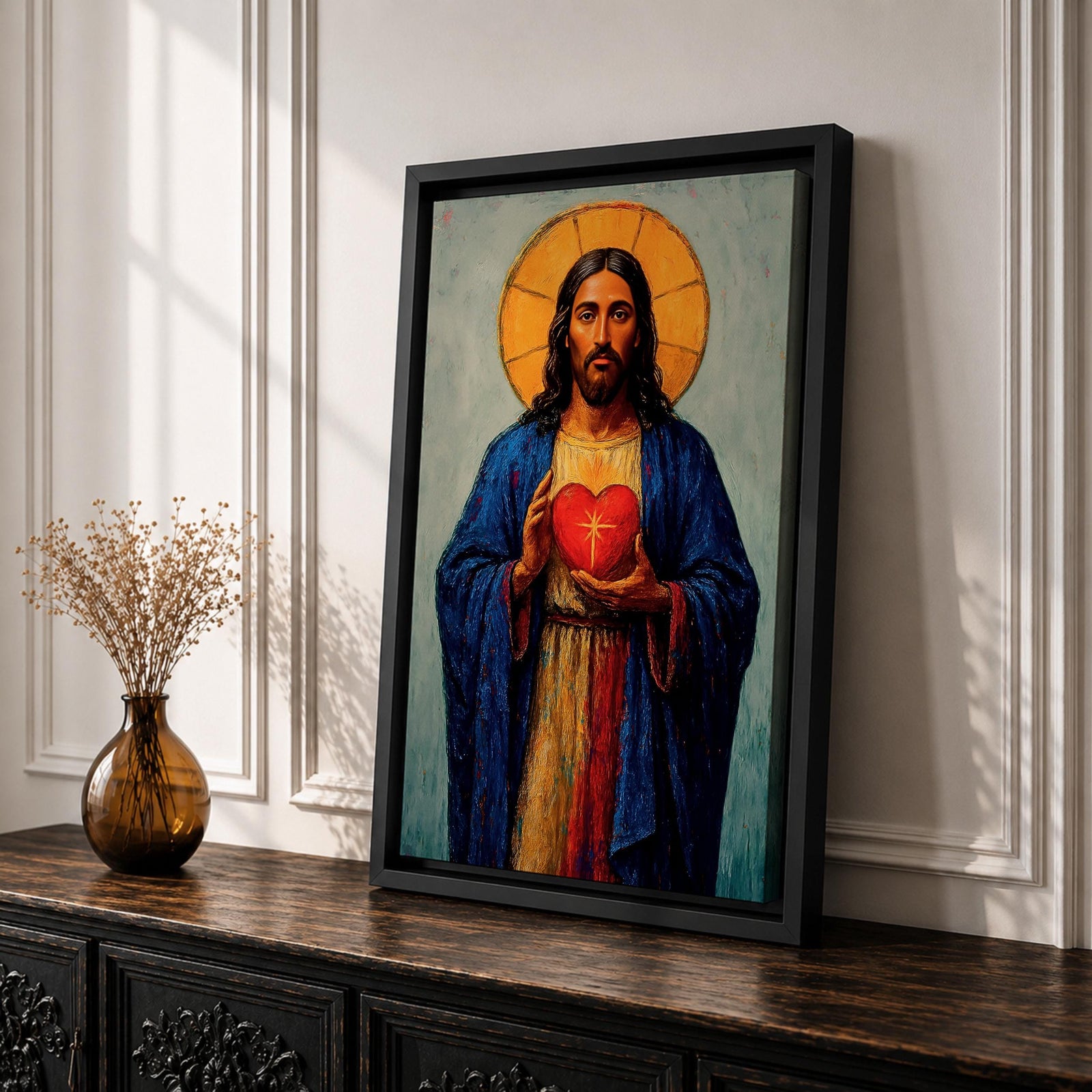 Devotional illustration of Jesus Christ presenting the Most Sacred Heart glowing at the center of his chest, crowned with thorns and radiating light, shown with a calm expression and one hand raised in blessing while the other points toward the heart, rendered with warm tones and soft shading in a traditional Christian devotional composition.
