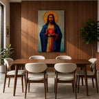 Devotional illustration of Jesus Christ presenting the Most Sacred Heart glowing at the center of his chest, crowned with thorns and radiating light, shown with a calm expression and one hand raised in blessing while the other points toward the heart, rendered with warm tones and soft shading in a traditional Christian devotional composition.