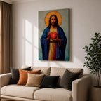 Devotional illustration of Jesus Christ presenting the Most Sacred Heart glowing at the center of his chest, crowned with thorns and radiating light, shown with a calm expression and one hand raised in blessing while the other points toward the heart, rendered with warm tones and soft shading in a traditional Christian devotional composition.