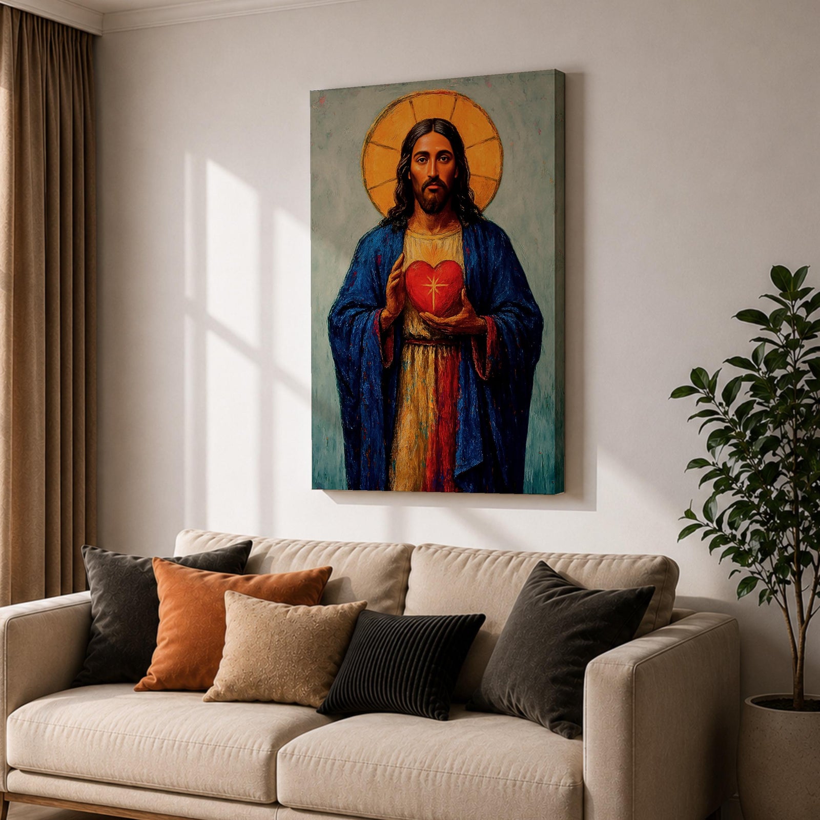 Devotional illustration of Jesus Christ presenting the Most Sacred Heart glowing at the center of his chest, crowned with thorns and radiating light, shown with a calm expression and one hand raised in blessing while the other points toward the heart, rendered with warm tones and soft shading in a traditional Christian devotional composition.