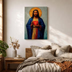 Devotional illustration of Jesus Christ presenting the Most Sacred Heart glowing at the center of his chest, crowned with thorns and radiating light, shown with a calm expression and one hand raised in blessing while the other points toward the heart, rendered with warm tones and soft shading in a traditional Christian devotional composition.