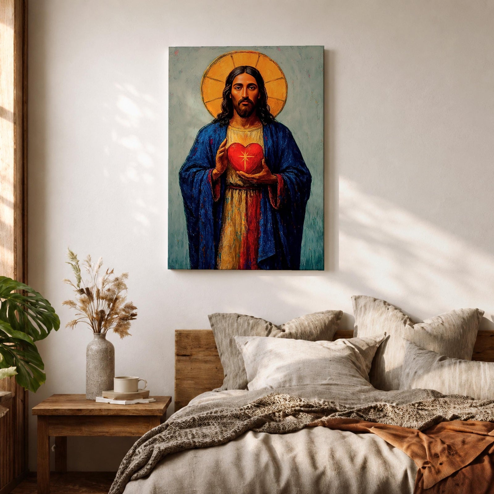 Devotional illustration of Jesus Christ presenting the Most Sacred Heart glowing at the center of his chest, crowned with thorns and radiating light, shown with a calm expression and one hand raised in blessing while the other points toward the heart, rendered with warm tones and soft shading in a traditional Christian devotional composition.