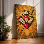 Stained glass style illustration of Jesus Christ displaying the Sacred Heart glowing at the center of his chest, crowned with thorns and radiating light, shown with a calm expression and one hand raised in blessing, composed with luminous jewel tones and segmented glass patterns in a devotional Christian stained glass composition.