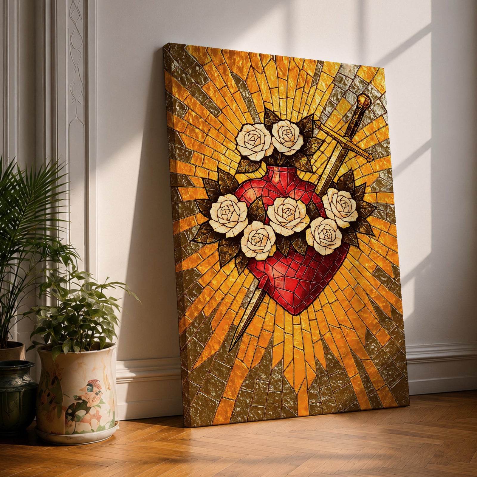 Stained glass style illustration of Jesus Christ displaying the Sacred Heart glowing at the center of his chest, crowned with thorns and radiating light, shown with a calm expression and one hand raised in blessing, composed with luminous jewel tones and segmented glass patterns in a devotional Christian stained glass composition.