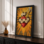 Stained glass style illustration of Jesus Christ displaying the Sacred Heart glowing at the center of his chest, crowned with thorns and radiating light, shown with a calm expression and one hand raised in blessing, composed with luminous jewel tones and segmented glass patterns in a devotional Christian stained glass composition.
