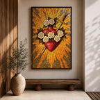 Stained glass style illustration of Jesus Christ displaying the Sacred Heart glowing at the center of his chest, crowned with thorns and radiating light, shown with a calm expression and one hand raised in blessing, composed with luminous jewel tones and segmented glass patterns in a devotional Christian stained glass composition.