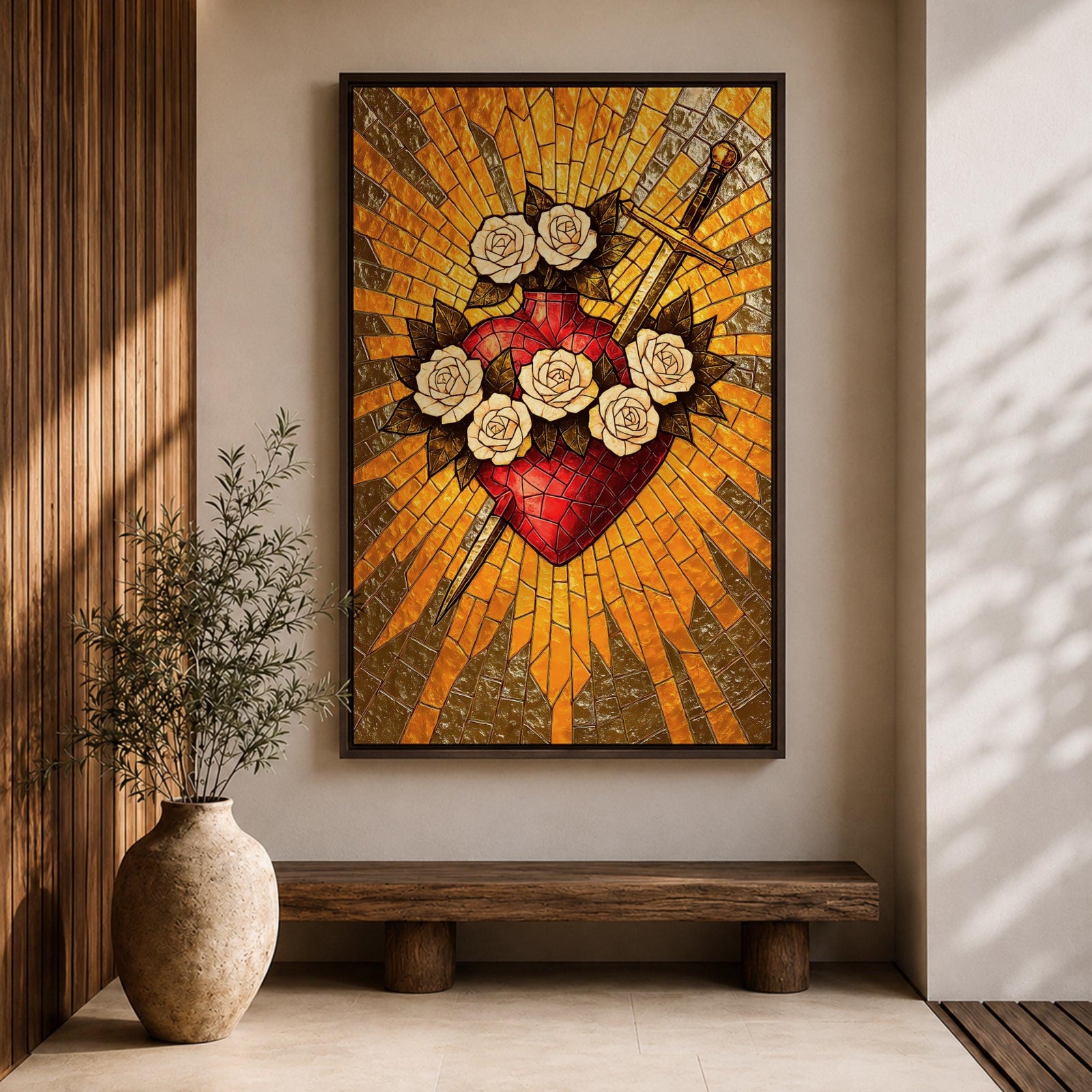 Stained glass style illustration of Jesus Christ displaying the Sacred Heart glowing at the center of his chest, crowned with thorns and radiating light, shown with a calm expression and one hand raised in blessing, composed with luminous jewel tones and segmented glass patterns in a devotional Christian stained glass composition.