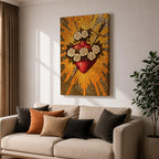 Stained glass style illustration of Jesus Christ displaying the Sacred Heart glowing at the center of his chest, crowned with thorns and radiating light, shown with a calm expression and one hand raised in blessing, composed with luminous jewel tones and segmented glass patterns in a devotional Christian stained glass composition.