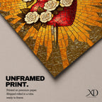 Stained glass style illustration of Jesus Christ displaying the Sacred Heart glowing at the center of his chest, crowned with thorns and radiating light, shown with a calm expression and one hand raised in blessing, composed with luminous jewel tones and segmented glass patterns in a devotional Christian stained glass composition.