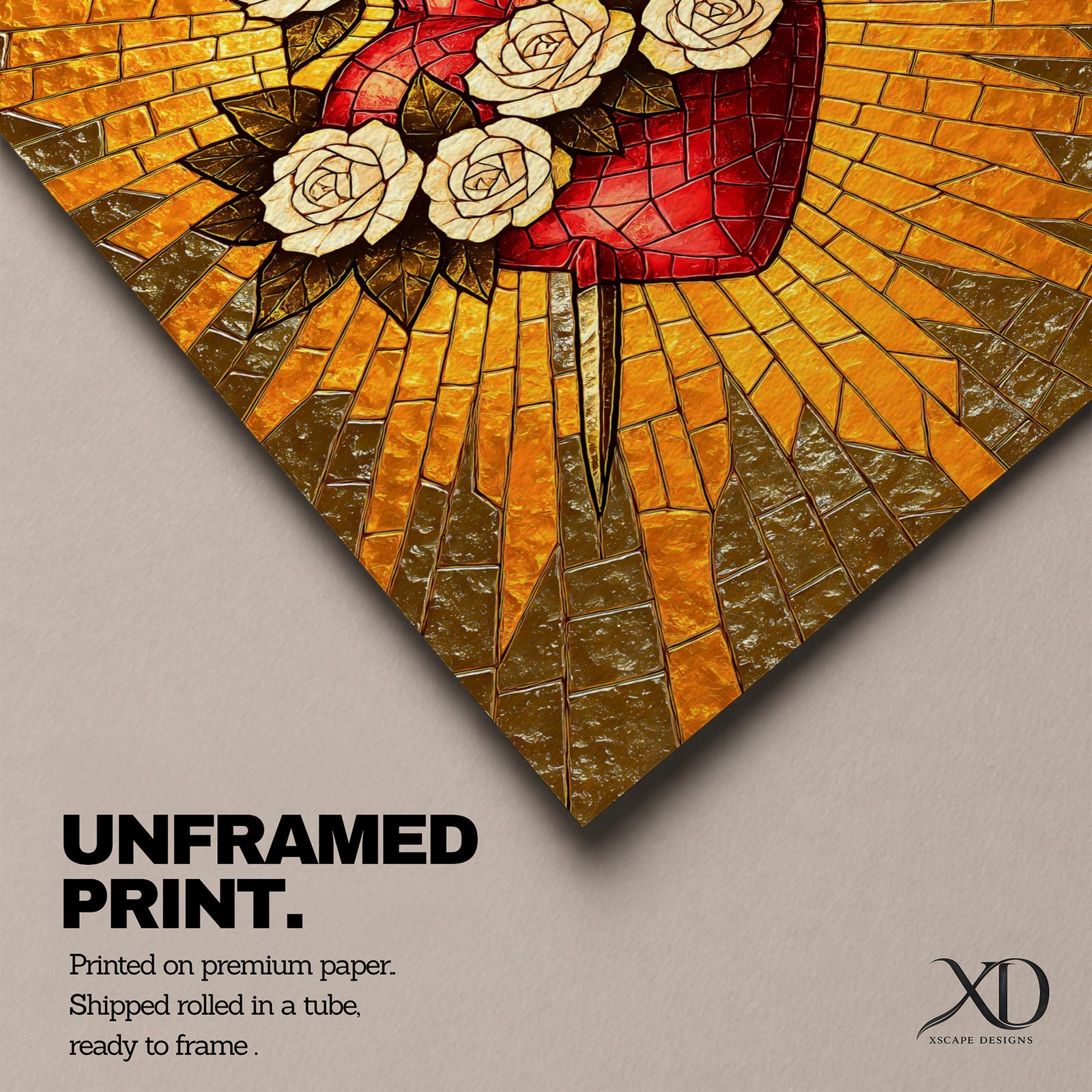 Stained glass style illustration of Jesus Christ displaying the Sacred Heart glowing at the center of his chest, crowned with thorns and radiating light, shown with a calm expression and one hand raised in blessing, composed with luminous jewel tones and segmented glass patterns in a devotional Christian stained glass composition.