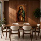 Devotional illustration of Our Lady of Guadalupe also known as the Mexican Virgencita and La Guadalupana standing with hands clasped in prayer, wearing a rose colored gown and a teal mantle covered with gold stars, surrounded by radiant golden rays with a small angel beneath her, rendered with warm tones and soft shading in traditional Mexican Catholic icon style.