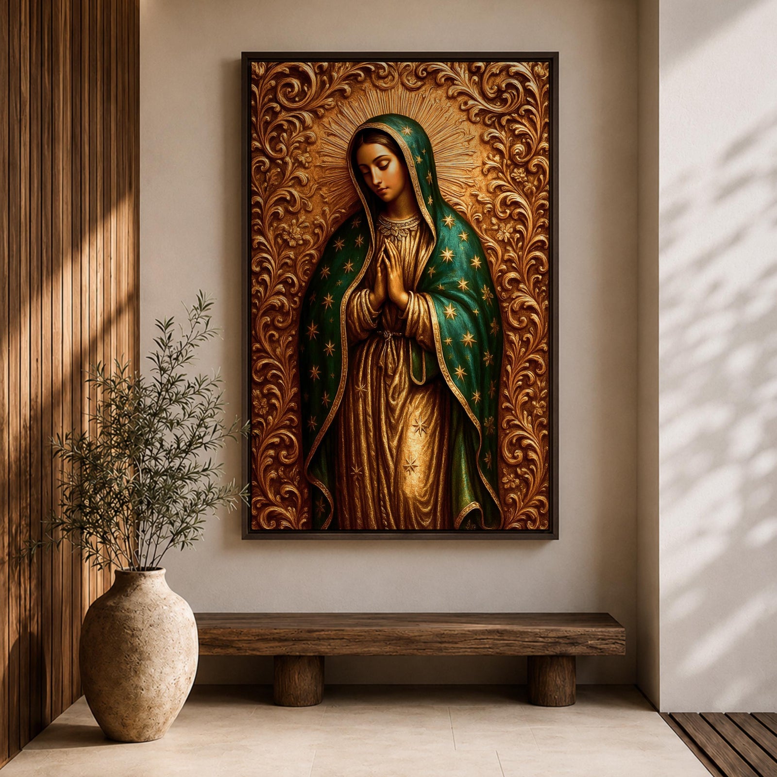 Devotional illustration of Our Lady of Guadalupe also known as the Mexican Virgencita and La Guadalupana standing with hands clasped in prayer, wearing a rose colored gown and a teal mantle covered with gold stars, surrounded by radiant golden rays with a small angel beneath her, rendered with warm tones and soft shading in traditional Mexican Catholic icon style.