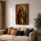 Devotional illustration of Our Lady of Guadalupe also known as the Mexican Virgencita and La Guadalupana standing with hands clasped in prayer, wearing a rose colored gown and a teal mantle covered with gold stars, surrounded by radiant golden rays with a small angel beneath her, rendered with warm tones and soft shading in traditional Mexican Catholic icon style.