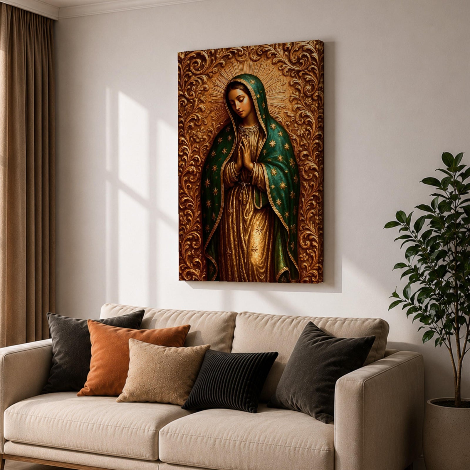 Devotional illustration of Our Lady of Guadalupe also known as the Mexican Virgencita and La Guadalupana standing with hands clasped in prayer, wearing a rose colored gown and a teal mantle covered with gold stars, surrounded by radiant golden rays with a small angel beneath her, rendered with warm tones and soft shading in traditional Mexican Catholic icon style.