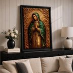 Devotional illustration of Our Lady of Guadalupe also known as the Mexican Virgencita and La Guadalupana standing with hands clasped in prayer, wearing a rose colored gown and a teal mantle covered with gold stars, surrounded by radiant golden rays with a small angel beneath her, rendered with warm tones and soft shading in traditional Mexican Catholic icon style.