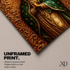 Devotional illustration of Our Lady of Guadalupe also known as the Mexican Virgencita and La Guadalupana standing with hands clasped in prayer, wearing a rose colored gown and a teal mantle covered with gold stars, surrounded by radiant golden rays with a small angel beneath her, rendered with warm tones and soft shading in traditional Mexican Catholic icon style.