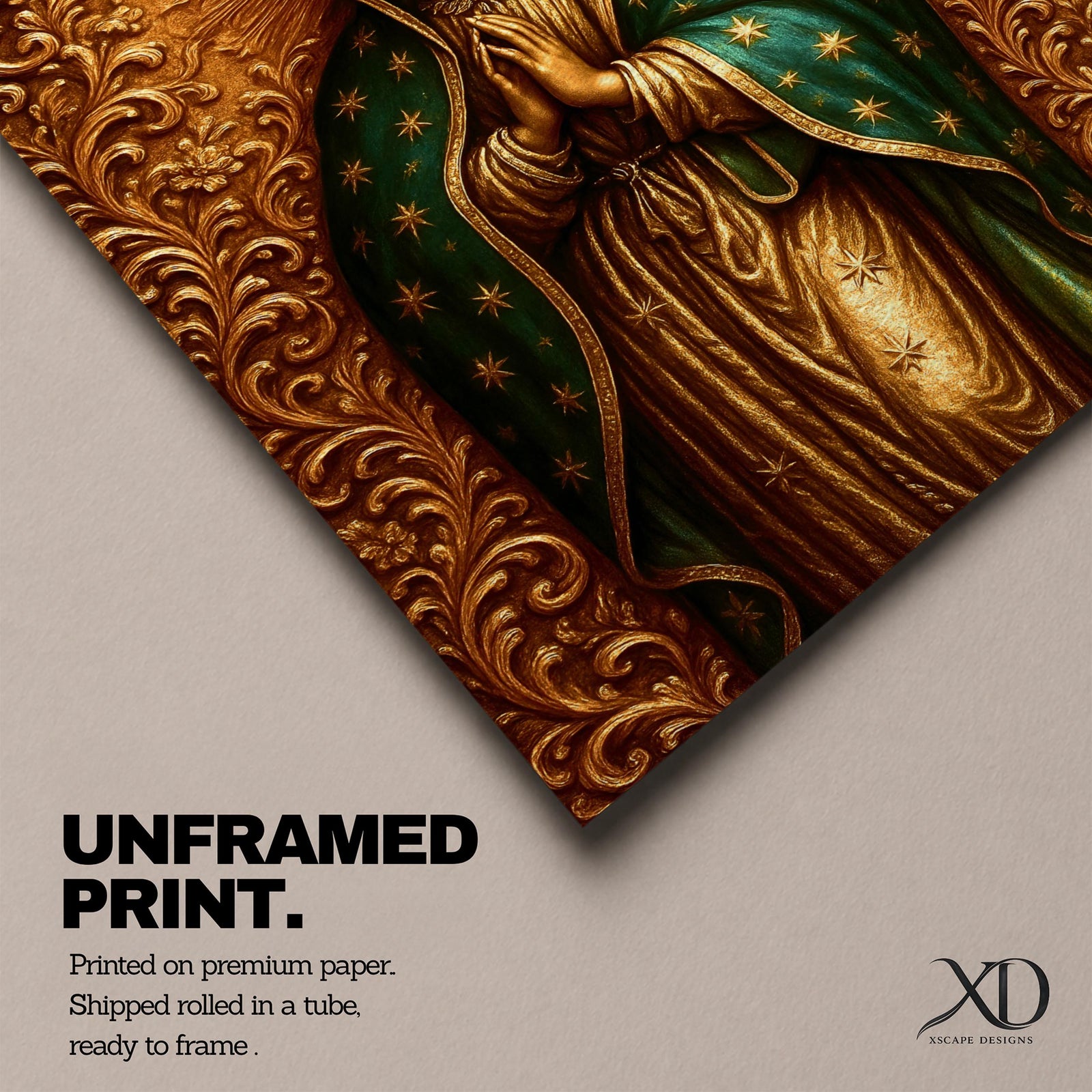 Devotional illustration of Our Lady of Guadalupe also known as the Mexican Virgencita and La Guadalupana standing with hands clasped in prayer, wearing a rose colored gown and a teal mantle covered with gold stars, surrounded by radiant golden rays with a small angel beneath her, rendered with warm tones and soft shading in traditional Mexican Catholic icon style.