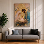 Devotional illustration of the Holy Family with Mary, Jesus, and Joseph gathered together while angels appear above them, portraying the nativity scene with gentle expressions and flowing robes, arranged in a balanced sacred composition and rendered with warm tones and soft shading in a traditional Christian devotional style.