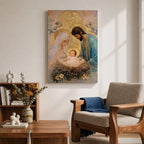 Devotional illustration of the Holy Family with Mary, Jesus, and Joseph gathered together while angels appear above them, portraying the nativity scene with gentle expressions and flowing robes, arranged in a balanced sacred composition and rendered with warm tones and soft shading in a traditional Christian devotional style.