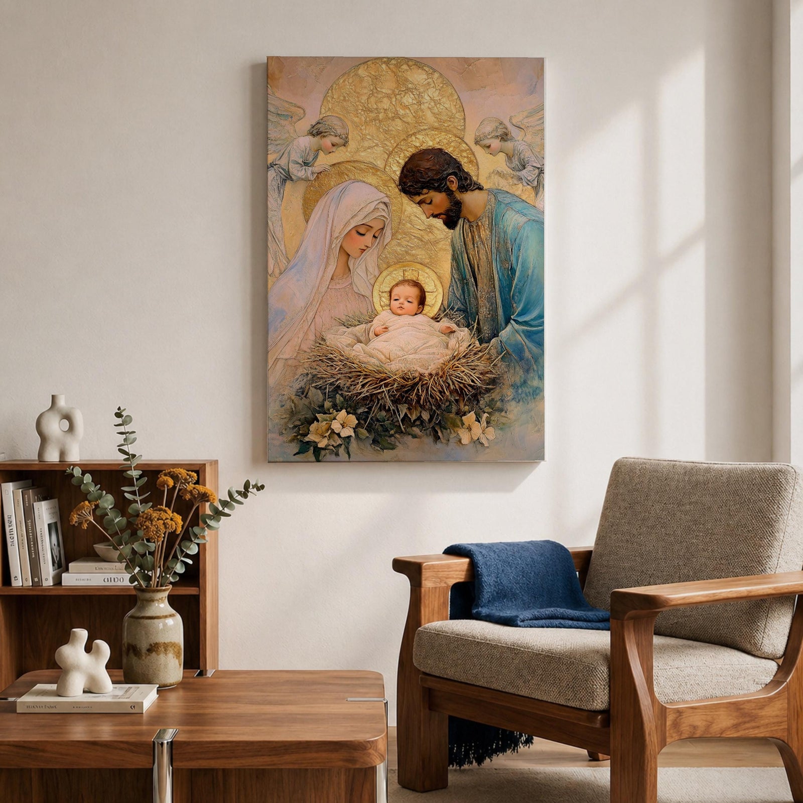 Devotional illustration of the Holy Family with Mary, Jesus, and Joseph gathered together while angels appear above them, portraying the nativity scene with gentle expressions and flowing robes, arranged in a balanced sacred composition and rendered with warm tones and soft shading in a traditional Christian devotional style.