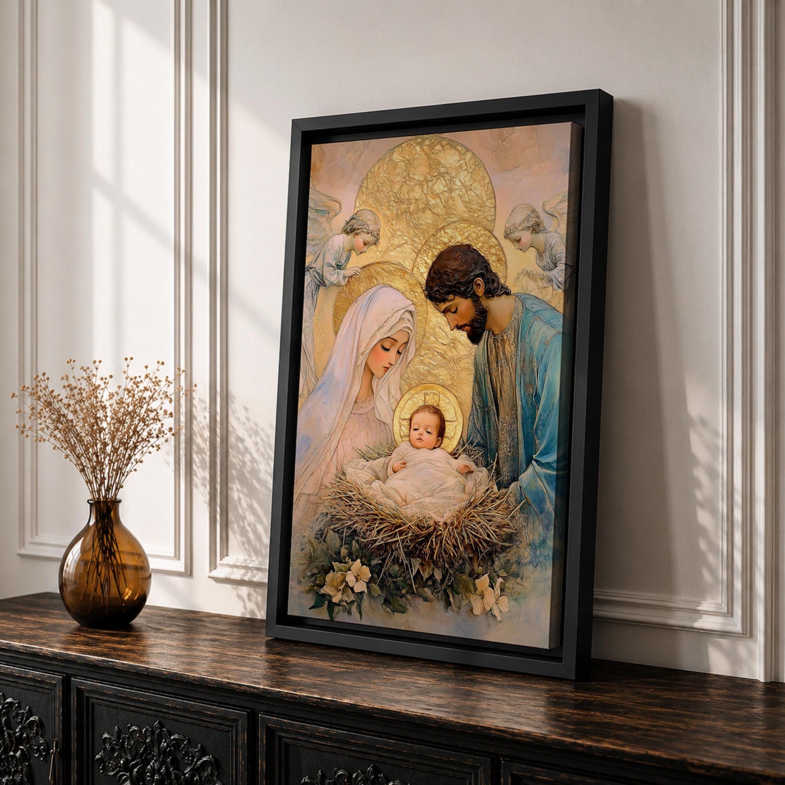 Devotional illustration of the Holy Family with Mary, Jesus, and Joseph gathered together while angels appear above them, portraying the nativity scene with gentle expressions and flowing robes, arranged in a balanced sacred composition and rendered with warm tones and soft shading in a traditional Christian devotional style.