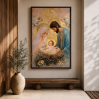 Devotional illustration of the Holy Family with Mary, Jesus, and Joseph gathered together while angels appear above them, portraying the nativity scene with gentle expressions and flowing robes, arranged in a balanced sacred composition and rendered with warm tones and soft shading in a traditional Christian devotional style.